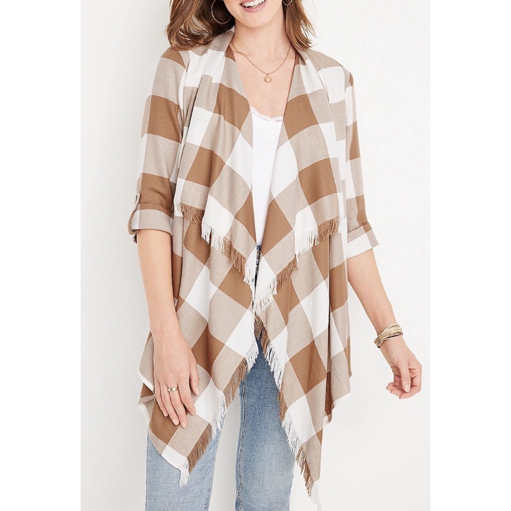 Maurices Tan & White Plaid Drape Front Kimono